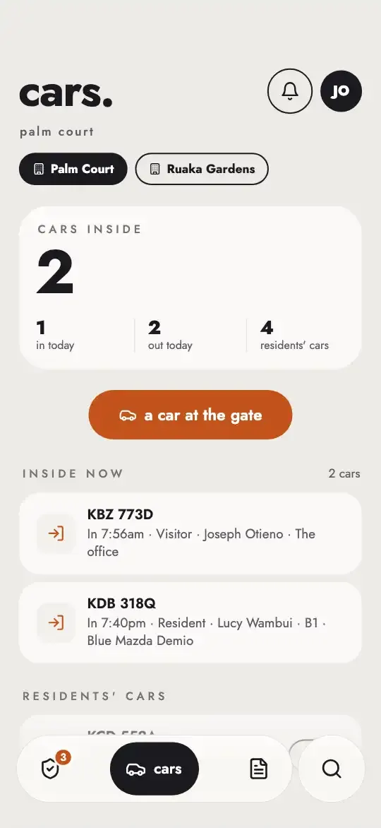 Cars: 2 cars inside, 1 in and 2 out today, 4 residents' cars, and a car at the gate.