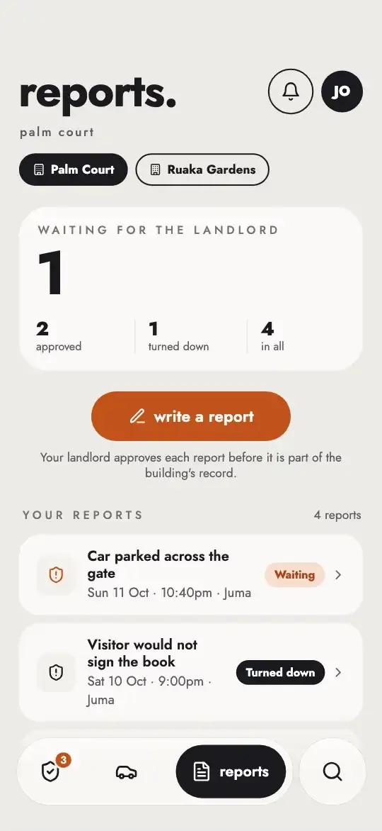 Reports: 1 waiting for the landlord, 2 approved, 1 turned down, and write a report.
